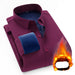 Purple shirt with blue lining and flame graphic on a white background