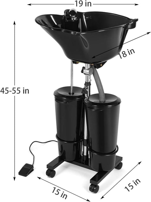Black automotive fluid draining system with dimensions labeled on a white background