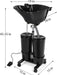 Black automotive fluid draining system with dimensions labeled on a white background