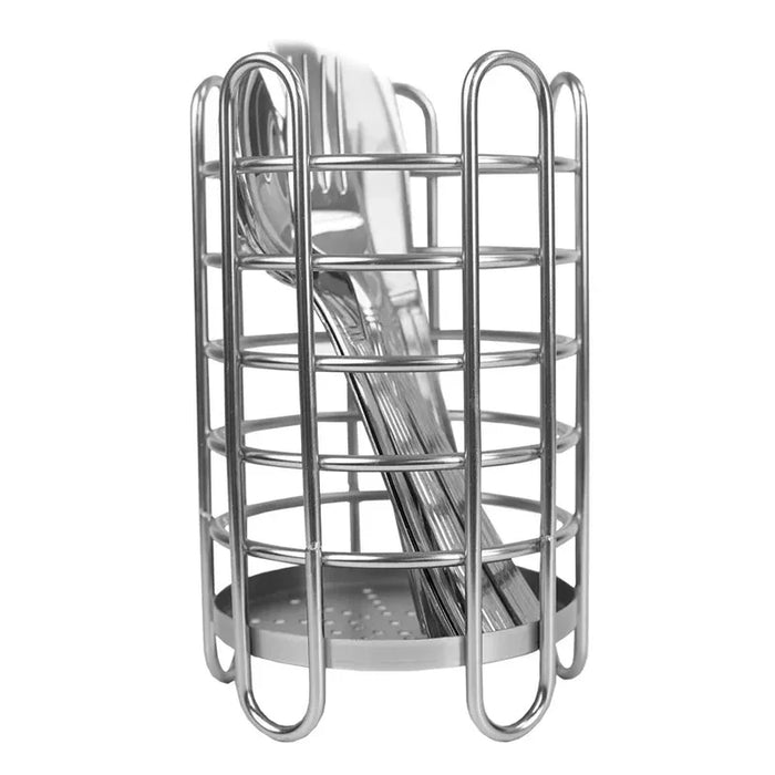 Stainless steel utensil holder with cutlery on a white background