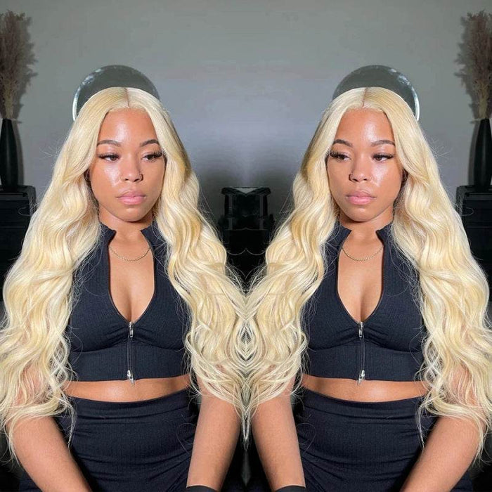 Two images of a person with long blonde hair wearing a black outfit against a neutral background.