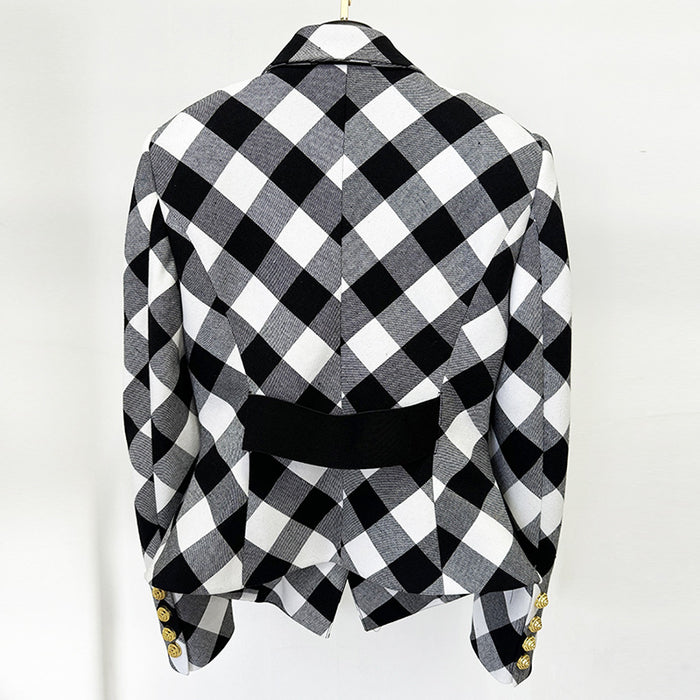 Black and white checkered shirt with a draped front on a white background