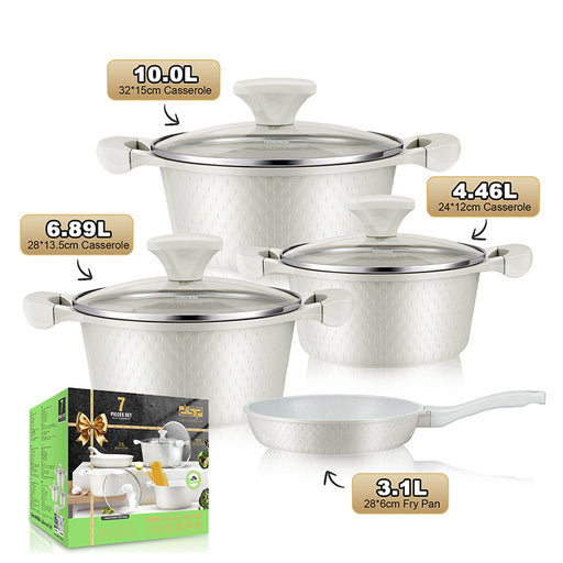 Set of stainless steel cookware with labels indicating volume and dimensions, including a box in the foreground.