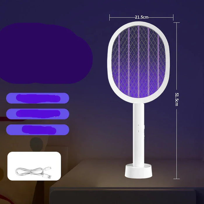 Electric fly swatter with dimensions and features on a dark background