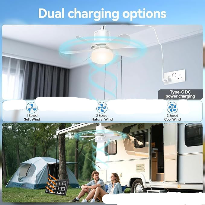 Ceiling fan with dual charging options in a room and outdoors near a camper van.