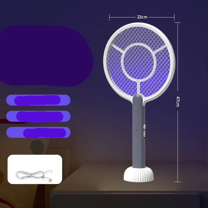 Electric fly swatter with dimensions and features on a dark background