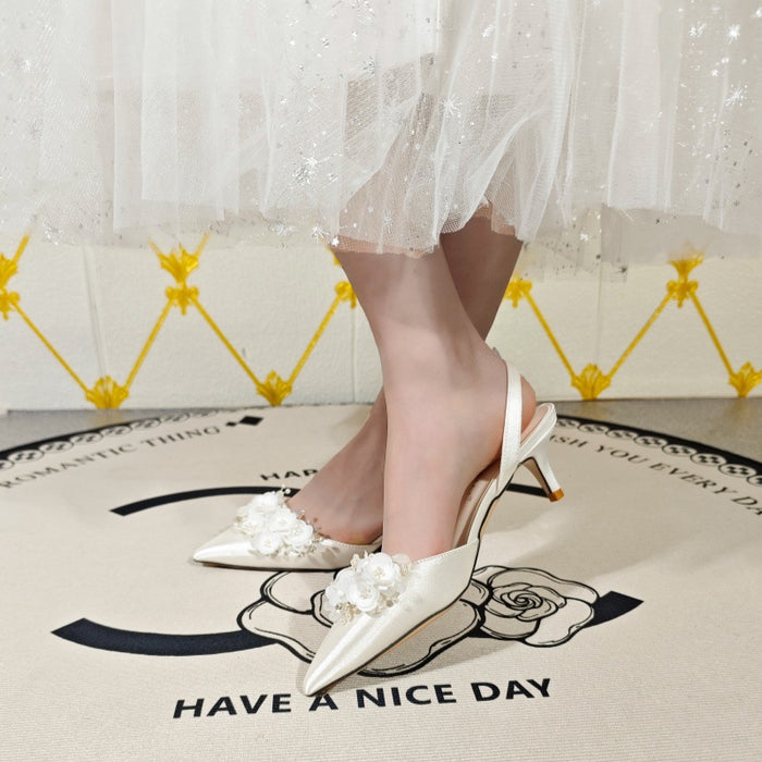 French Satin Shallow Floral Fairy Style Open Back Pumps Wedding Shoes