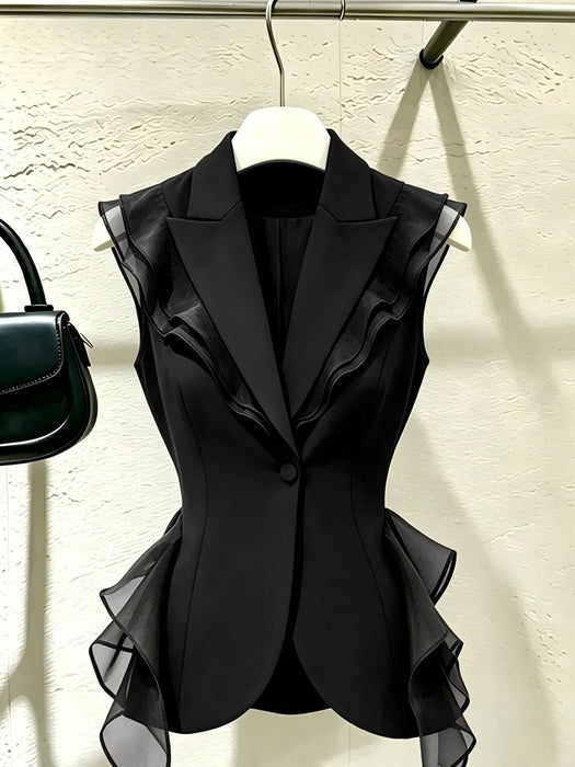 Dio Elegant Black Ruffled Top Stylish French Vest Sophisticated