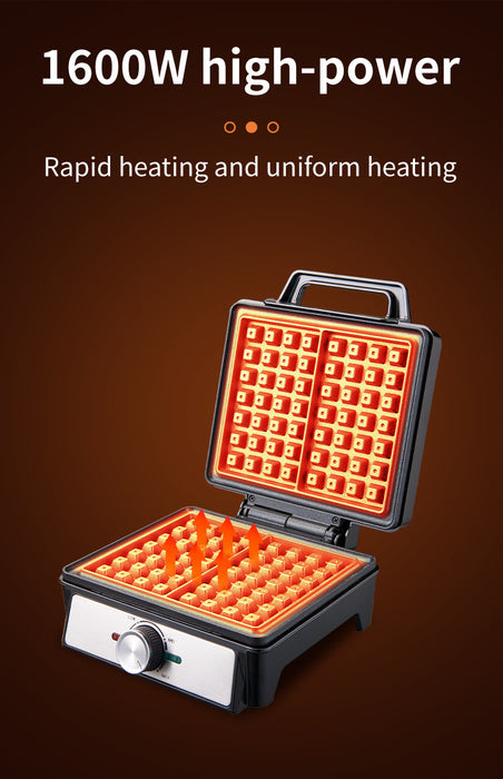 Waffle maker with glowing heating elements on a dark background