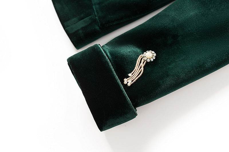 Velvet Beaded Fashion Suit Green Fruit Collar Suit Jacket Lace-up Elastic Wide Leg Pants Two-piece Set - Dio Kollections