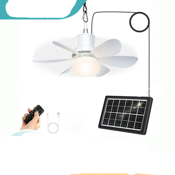 Ceiling fan with solar panel and remote control on a white background
