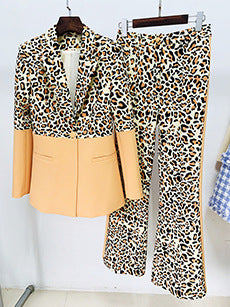 New Business Suit One-Button Color-Blocked Blazer + Flared Pants Two-Piece Set