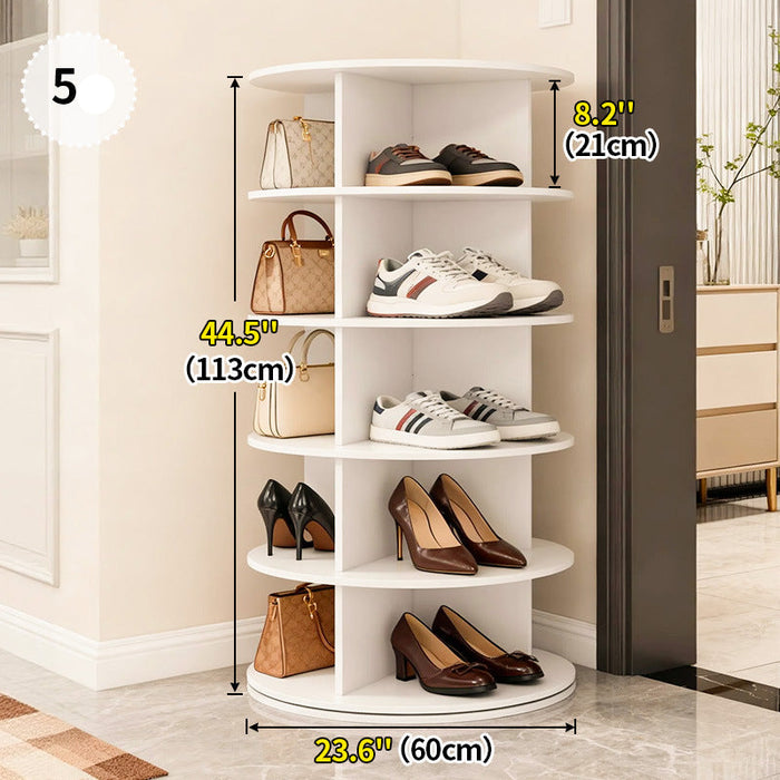 White shoe rack with shoes and bags, showing dimensions in a room setting.