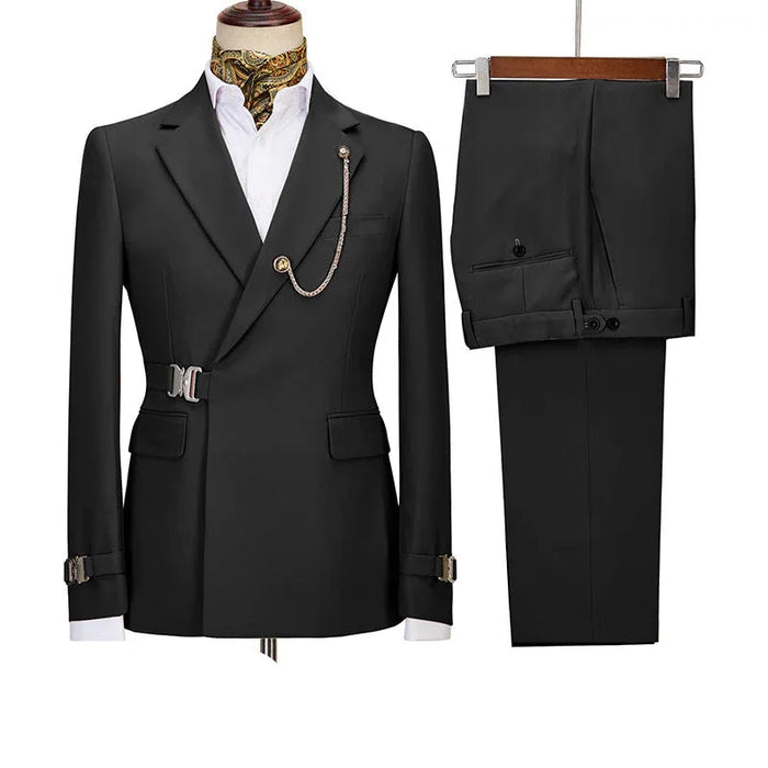 Black suit jacket and pants on a mannequin with a white background