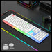 White keyboard with RGB lighting on a dark surface, surrounded by gaming accessories.
