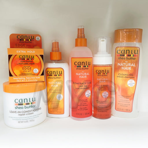 Collection of Cantu hair care products on a white background