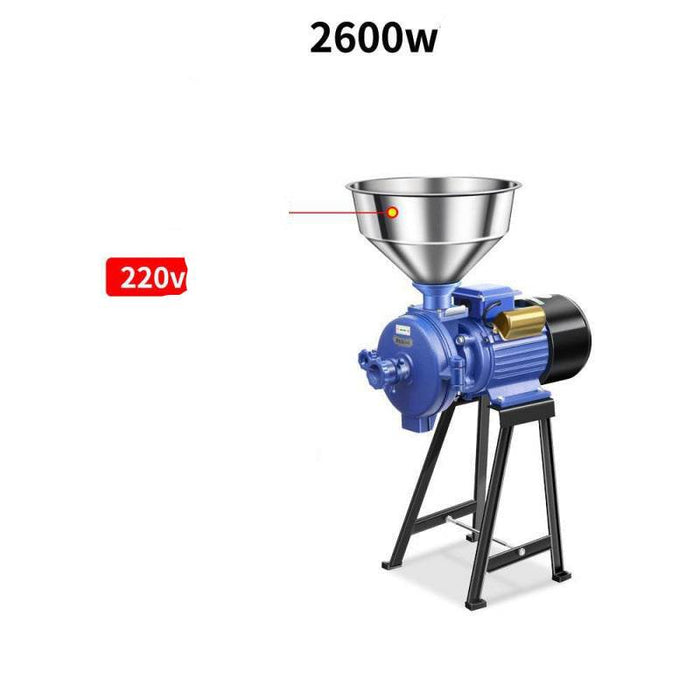 Blue grain mill with stainless steel funnel on a white background, featuring text in Chinese.