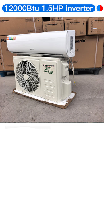 Air conditioning unit with technical specifications displayed on a concrete floor.