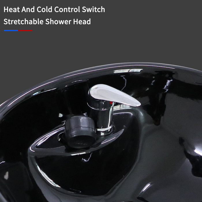 Stretchable shower head with heat and cold control switch on a dark background