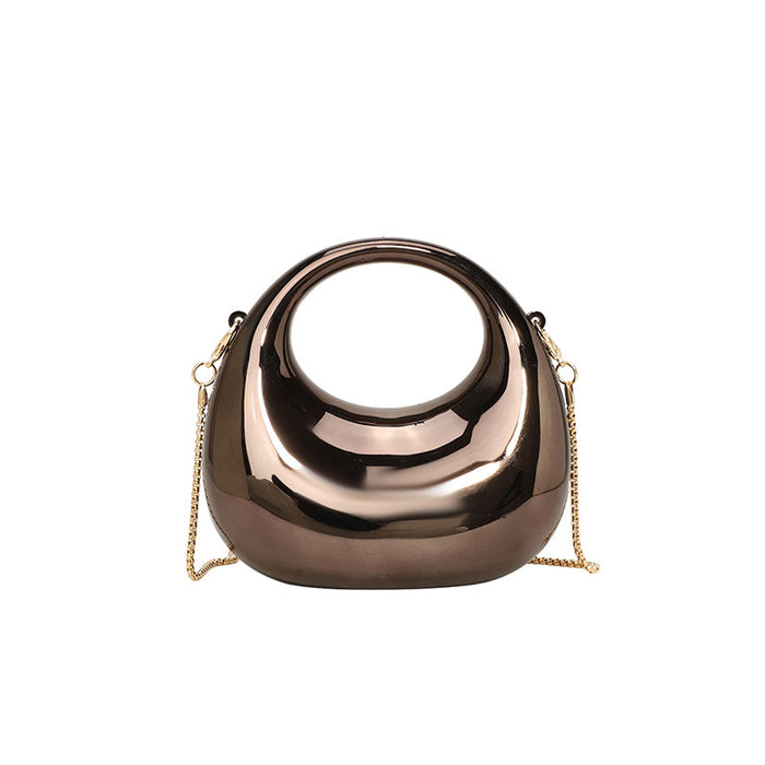 Rose gold handbag with chain strap on a white background