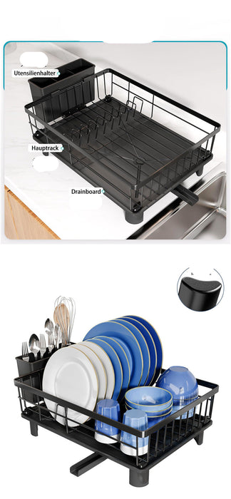 Dish rack with various dishes on a kitchen counter