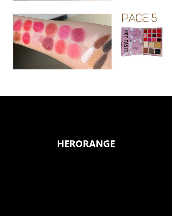 Lipstick swatches on a arm with a palette and 'HERORANGE' branding.