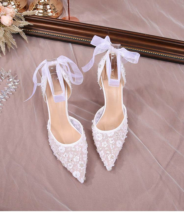 Elegant White Lace High Heel Sandals for Weddings and Special Occasions - Dio Kollections