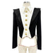 Black and white formal jacket with gold buttons on a mannequin against a white background