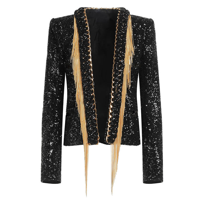Black sequined jacket with gold fringe on a white background