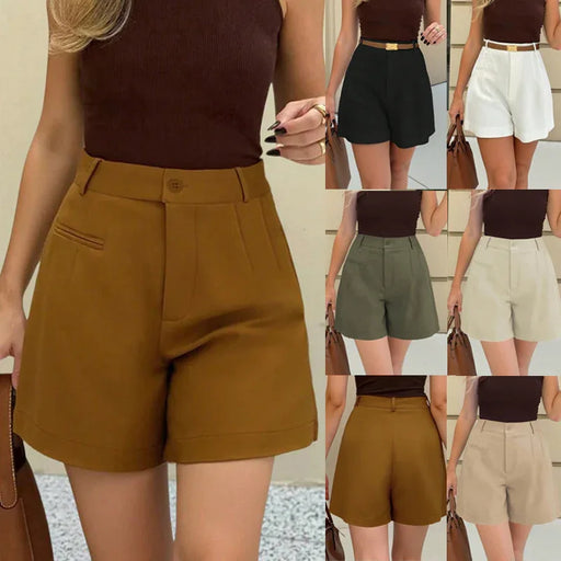 Collage of a person wearing brown shorts with different color options.