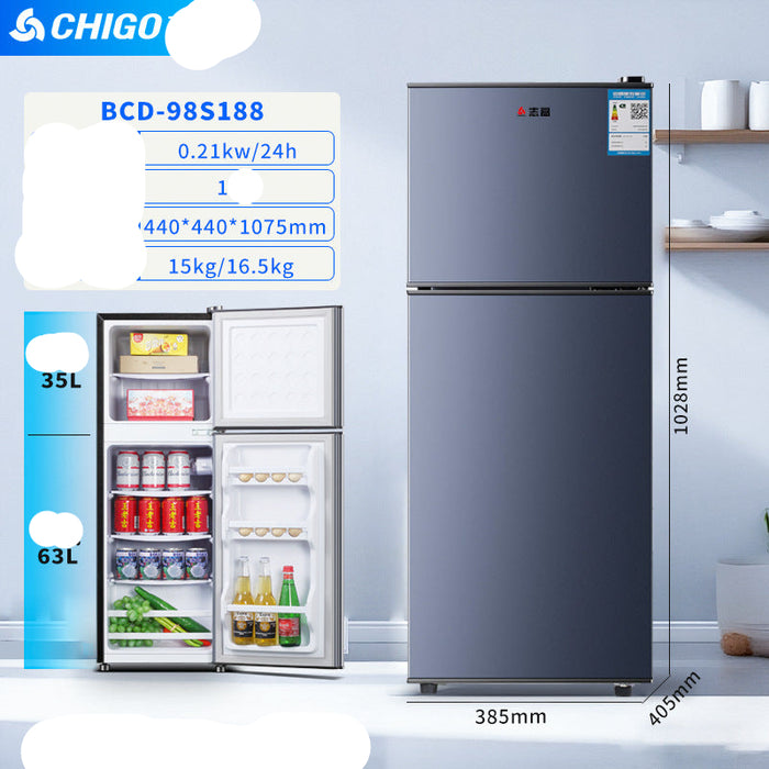 CHIGO refrigerator with specifications displayed on a light blue background