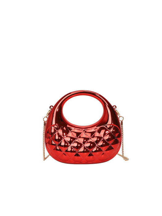 Red handbag with a chain strap on a white background