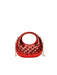 Red handbag with a chain strap on a white background