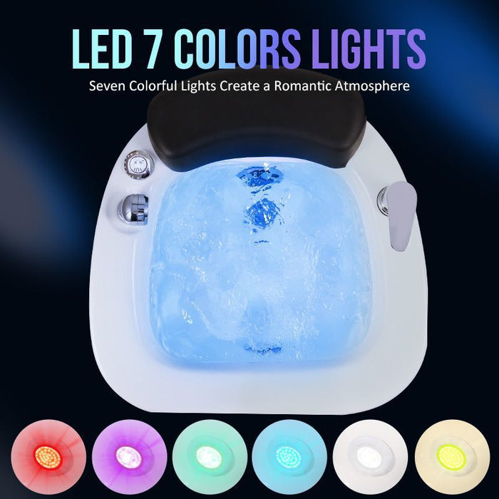 Hot tub with LED 7 colors lights feature and color options displayed below.