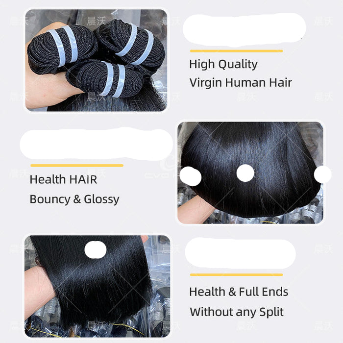 Promotional image of high-quality virgin human hair with text highlighting features.