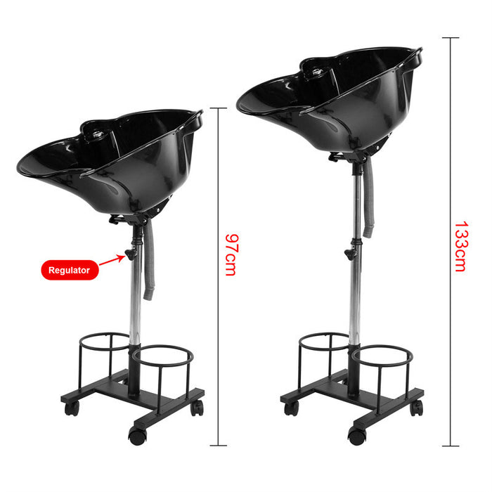 Black hair washing bowl with stand and dimensions on a white background