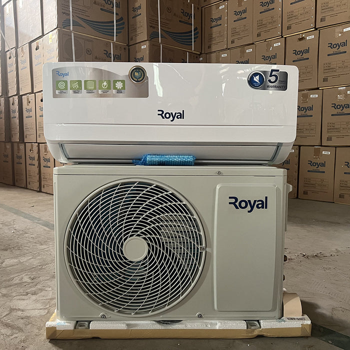 Royal air conditioning unit in a warehouse setting with stacked boxes in the background