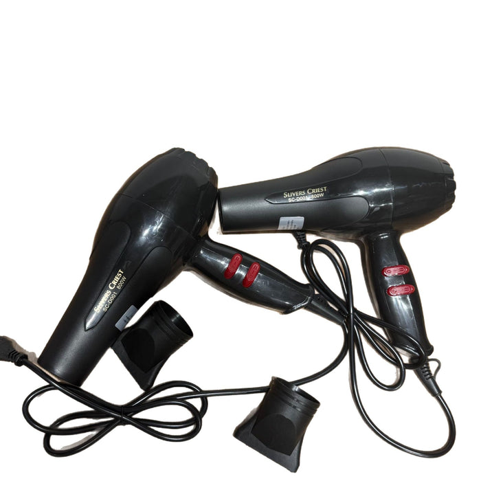 Two black hair dryers with visible branding on a white background