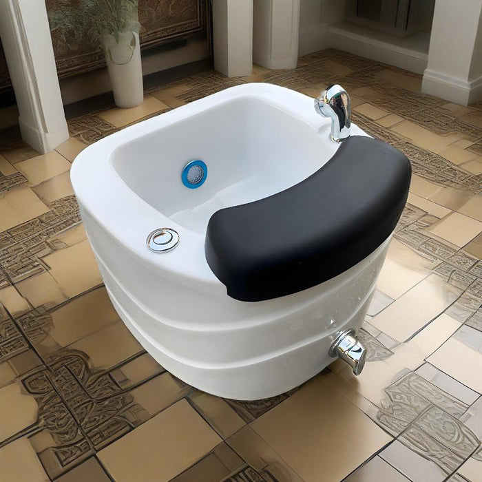 White bidet with black seat on a tiled bathroom floor