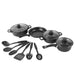 Black cookware set with pots, pans, and utensils on a white background