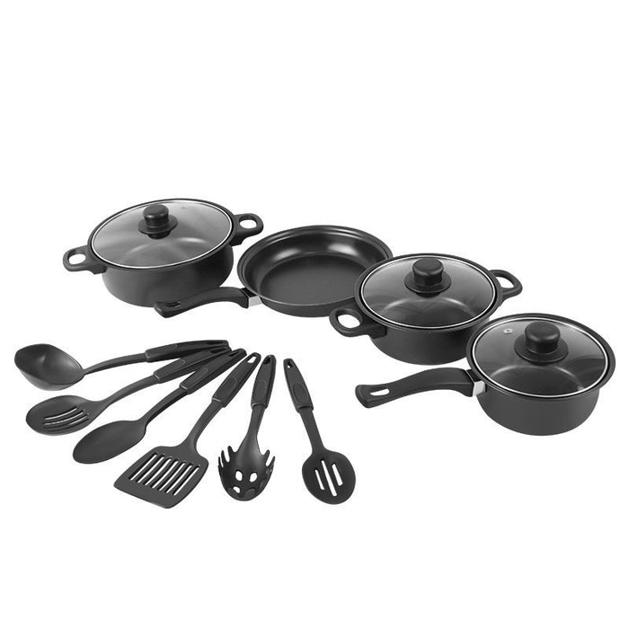 Black cookware set with pots, pans, and utensils on a white background