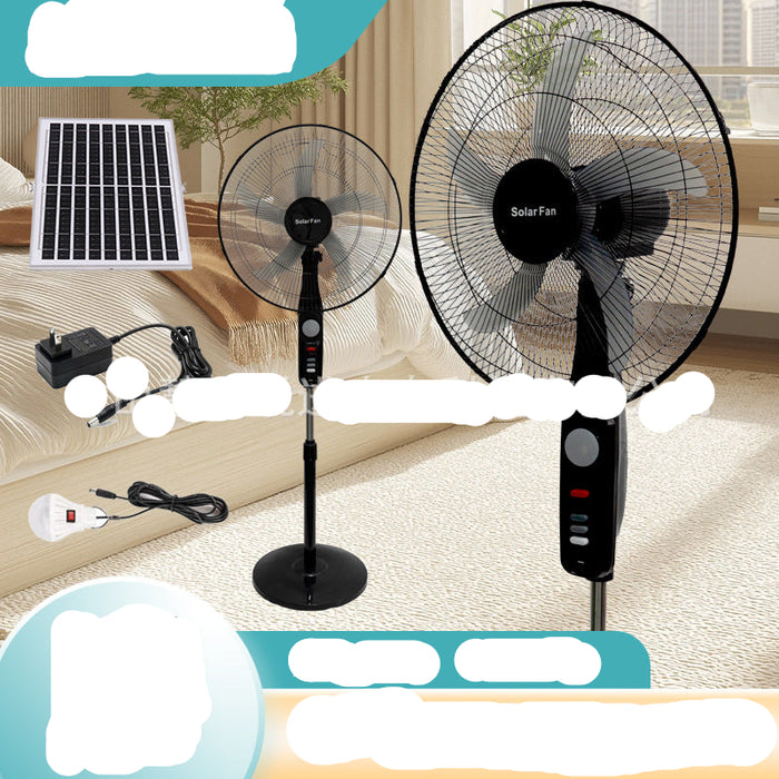 Solar-powered fans with a solar panel and charging cable on a wooden floor.