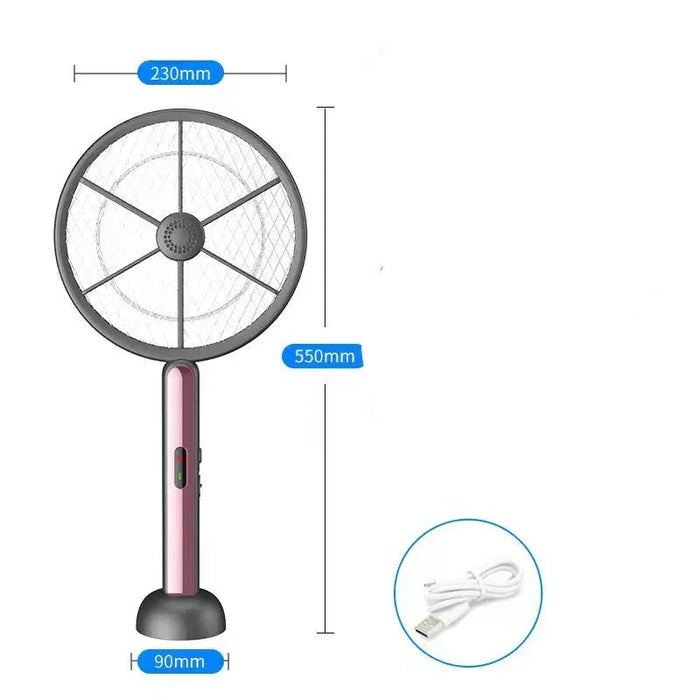 Handheld electric fan with dimensions and features on a white background
