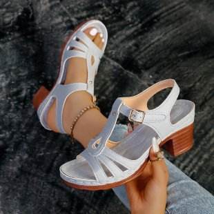 Summer New Solid Color Fish Mouth Thick Heel One-Way Buckle Strap High Heel Sandals - Dio Kollections