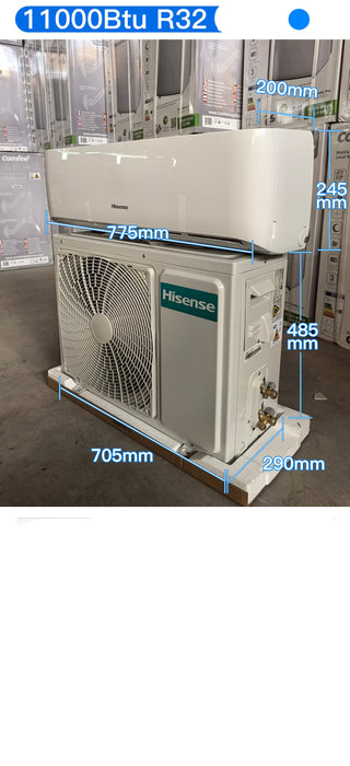 Haier air conditioning unit with dimensions and specifications displayed