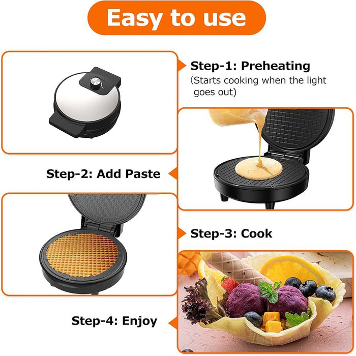 Instructions for using a waffle maker with images and text.
