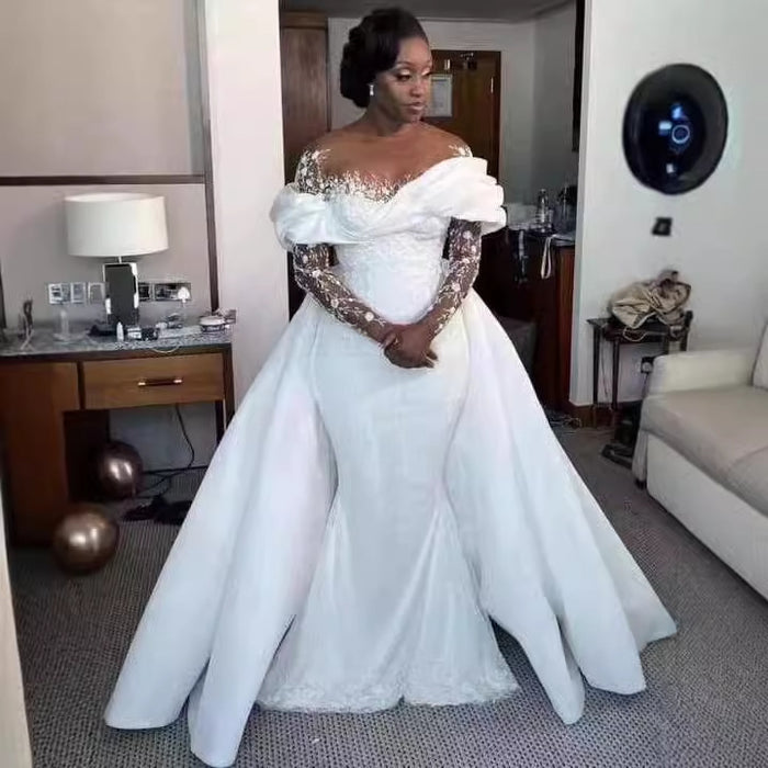 Pure White African Bridal Mermaid Wedding Dress with Detachable Tail
