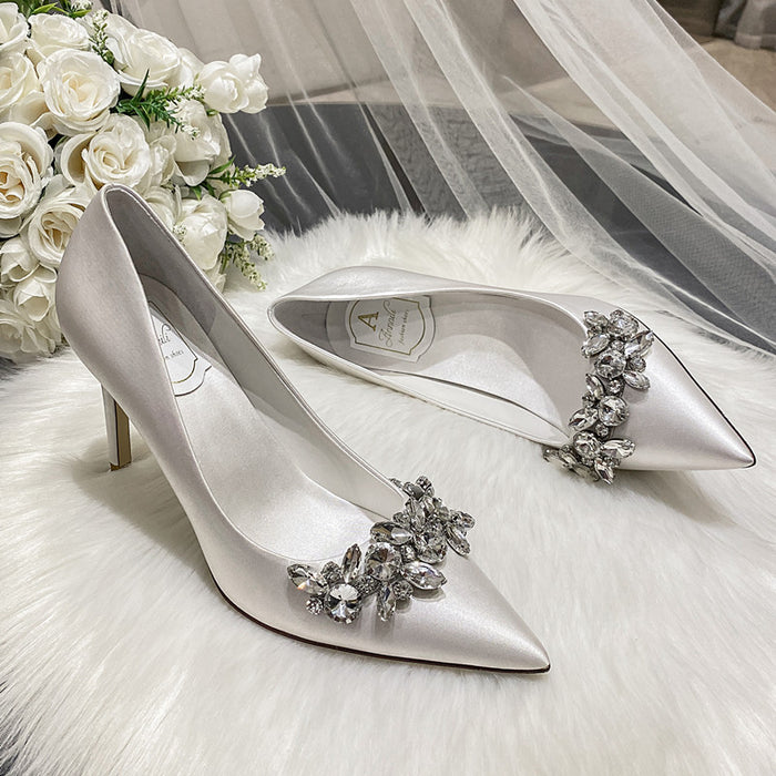Crystal Champagne White Satin Bridesmaid Stiletto High Heel Shoes