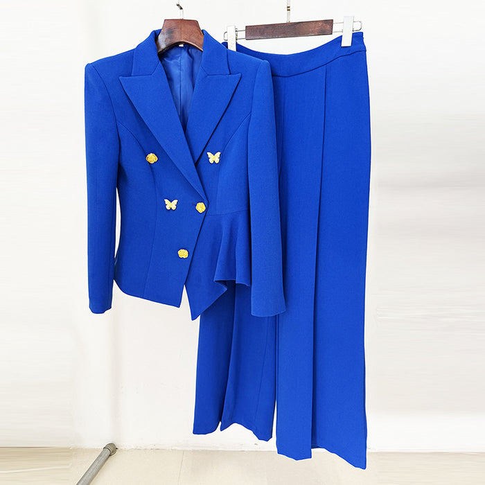 Blue suit with butterfly buttons on a white background