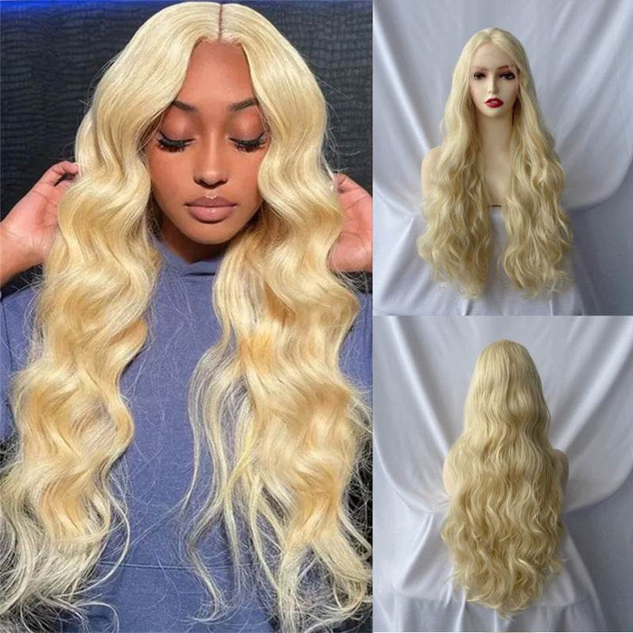 Blonde wig shown on a person and a mannequin head against a white background.